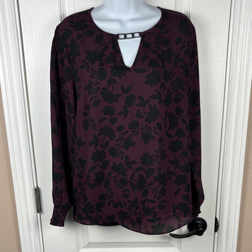 Fortune + Ivy Floral Purple/Black Bishop Sleeve Keyhole Blouse Size M‎ NWOT